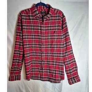 Woolly Plaid Flannel Shirt Mens L Red Gray‎ Button Down Modern